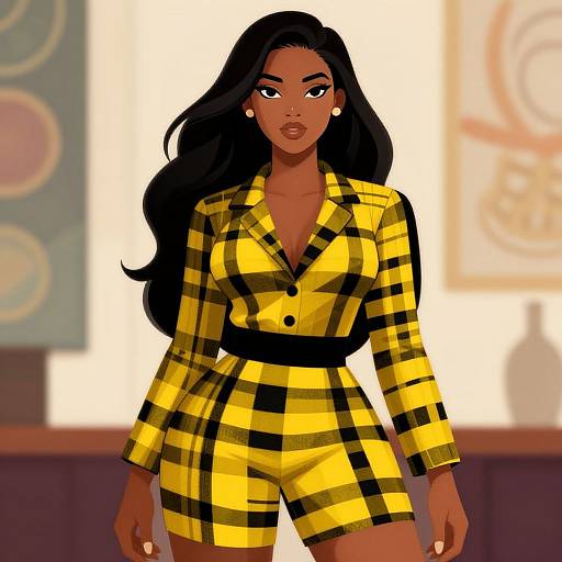 Digital illustration of a confident, dark-skinned woman with long black hair, wearing a yellow and black checkered blazer and shorts, standing in a