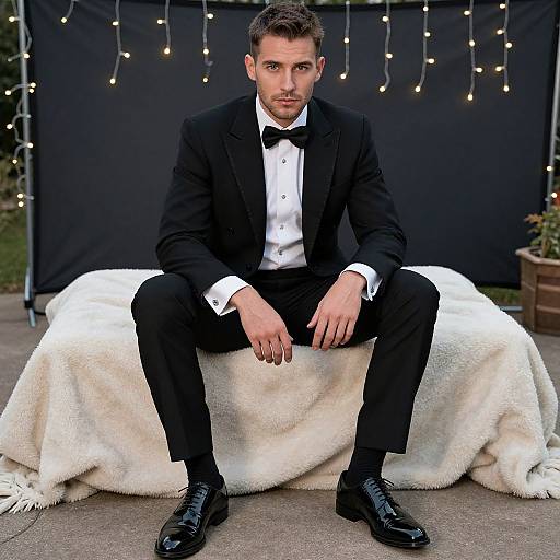 Photograph of a handsome man with short brown hair and beard, wearing a black tuxedo, white shirt, and black bow tie, sitting on