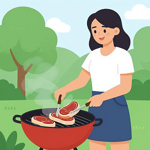 Cartoon-style illustration of a smiling woman with black hair, wearing a white shirt and blue skirt, grilling steak outdoors with a red pot. Green