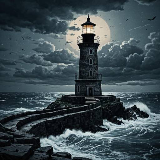 Ancient Lighthouse at Dusk in Line Art
