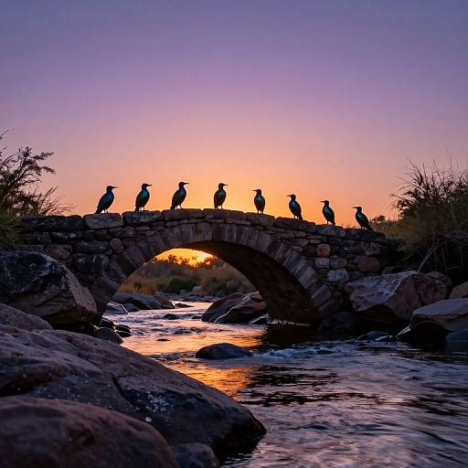 Photograph of a stone bridge at sunset with silhouetted birds perched on the arch, reflecting in a flowing river below.