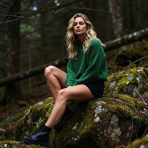 Photograph of a blonde woman with wavy hair, green sweater, black shorts, and black boots, sitting on moss-covered rocks in a dark,
