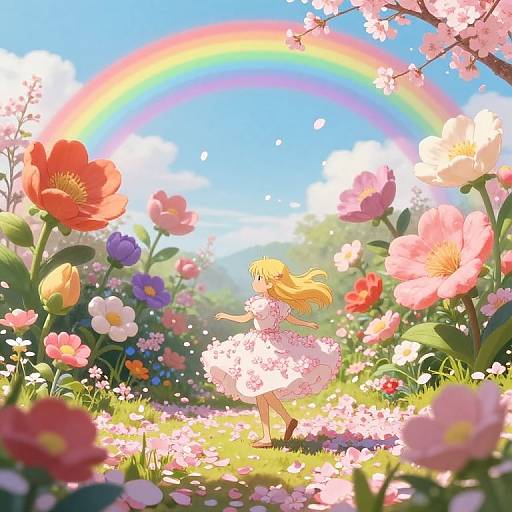 Whimsical Garden Dance Under Double Rainbow