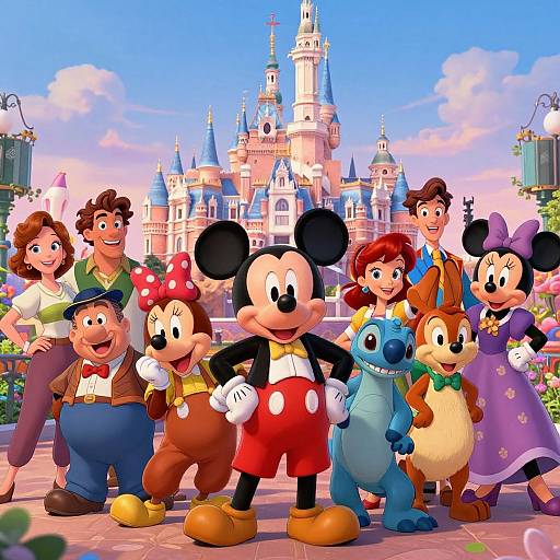 Vibrant digital illustration of Disney characters, including Mickey, Minnie, Goofy, and Lilo, standing in front of a colorful castle