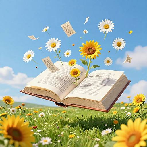 Surreal Floating Book in Vibrant Meadow