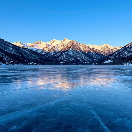 Photograph of a frozen lake reflecting snow-capped, sunlit mountains under a clear, vibrant blue sky. Cracked ice in the foreground, dark