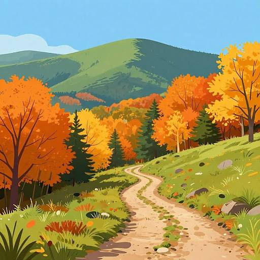 Digital illustration of a winding dirt path through vibrant autumn trees with orange leaves, green grass, and rolling hills under a clear blue sky.