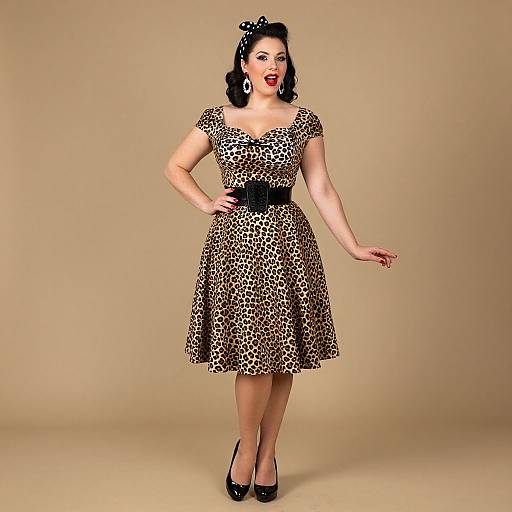Photograph of a curvy woman with fair skin, wearing a leopard print dress, black belt, black heels, and vintage-style black hair bow,