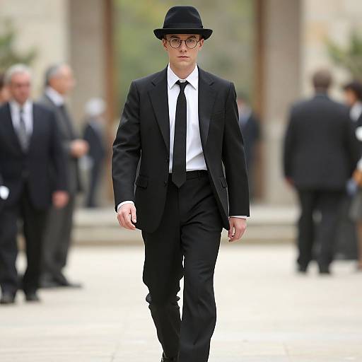 Photograph of a young man in a black suit, white shirt, black tie, and black fedora, walking confidently on a runway, with blurred