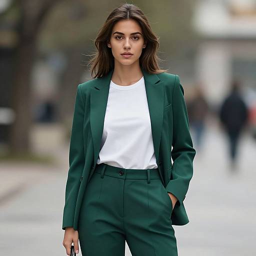 Realistic Portrait of Woman in Green Suit