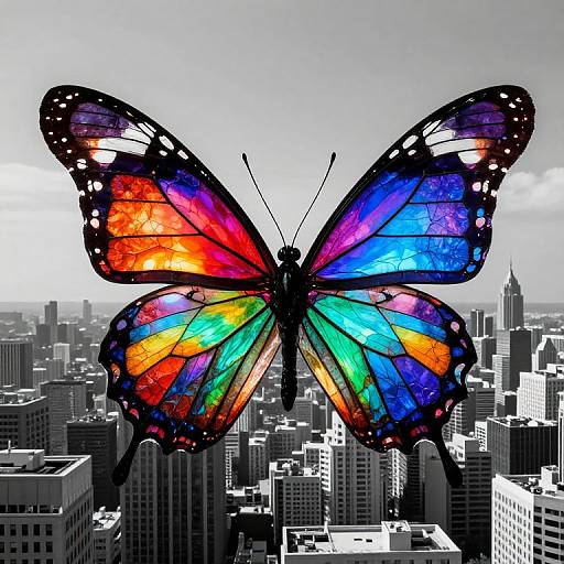 Vibrant, multicolored butterfly with rainbow wings silhouetted against a black-and-white cityscape of skyscrapers, creating a striking