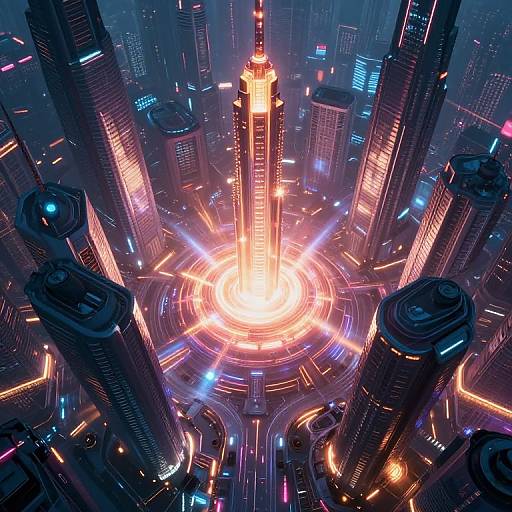Digital artwork of a futuristic cityscape with a glowing, neon-lit central skyscraper surrounded by towering buildings, vibrant light trails, and colorful city lights