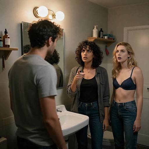 Tense Confrontation in Dimly Lit Bathroom