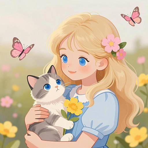 Whimsical Girl with Kitten and Flowers