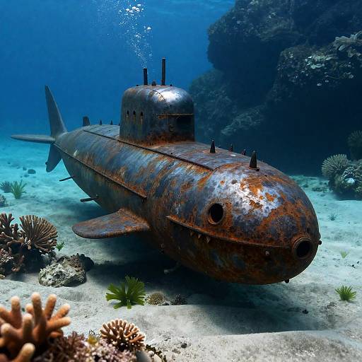 Rusted Shark Submarine on Ocean Floor