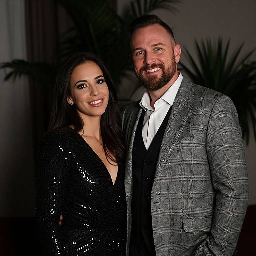 Photograph of a smiling couple; woman with long dark hair in a black sequined dress, man with short beard in gray suit, white shirt,