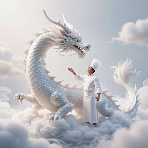Photograph of a chef in white uniform and hat, standing on clouds, reaching up to a glowing, white-scaled dragon amidst fluffy clouds.
