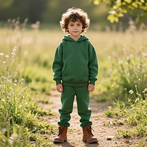 Photograph of a curly-haired young boy in a green hoodie and pants, brown boots, standing on a sunlit, grassy path.