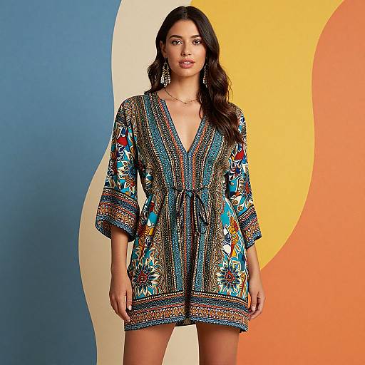 Photograph of a woman with long dark hair wearing a colorful, patterned, V-neck dress against a blue, yellow, and orange abstract background.