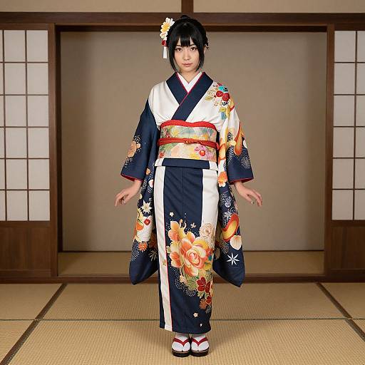Photograph of a Japanese woman in a colorful floral kimono, standing in a traditional tatami room, with shoji screens in the background.