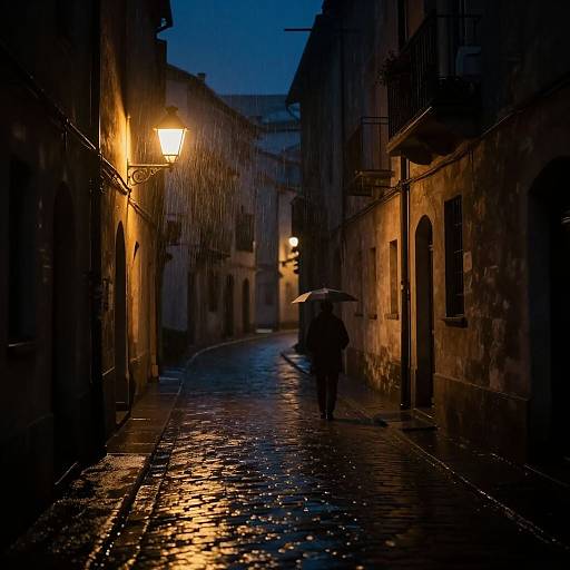 Photograph of a narrow, dimly-lit, cobblestone alley at night with rain, illuminated by warm street lamps, and a lone figure