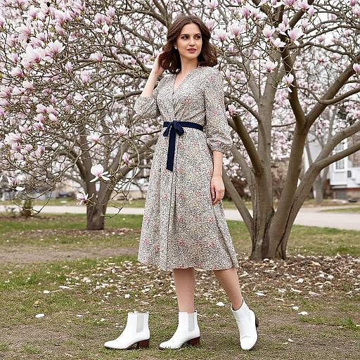 Photograph of a brunette woman in a white floral dress with blue belt, white ankle boots, standing by a blooming cherry blossom tree.