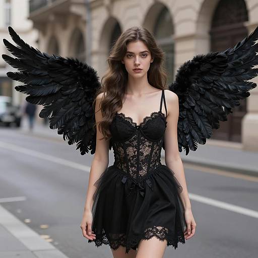 Young Woman with Black Angel Wings in Urban Setting