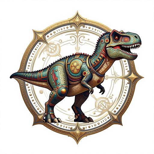 Colorful, detailed, stylized dinosaur with intricate tribal patterns, set against a gold, circular, ornate background in digital art.