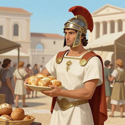 CGI image of a young male Roman soldier with a red plume helmet, white tunic, and red cape, holding a plate of bread in