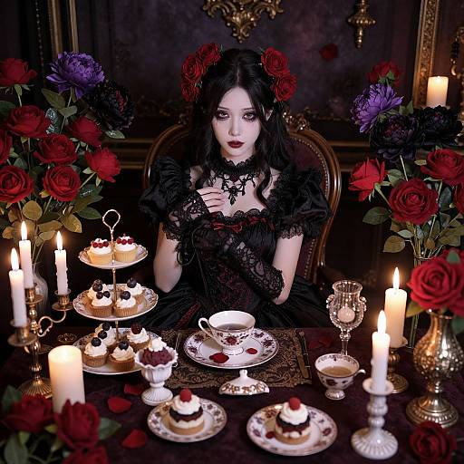 Gothic woman with dark hair, red flowers, black lace dress, sitting at a candlelit table with desserts and roses. Photographic style.
