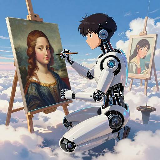 Cyborg artist painting Renaissance portrait of woman against cloudy sky backdrop, with another portrait on easel in background. Digital art.