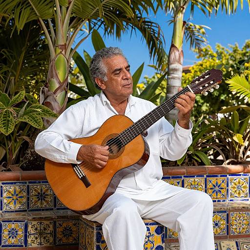 Photograph of an elderly man with gray hair, wearing white traditional clothing, playing a wooden acoustic guitar, seated on a tiled bench with tropical plants in