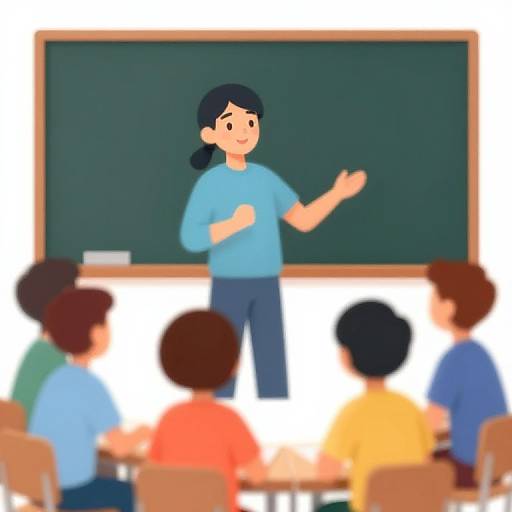 Digital cartoon of a female teacher with black hair in a ponytail, blue shirt, and jeans, standing before a chalkboard, teaching five seated,