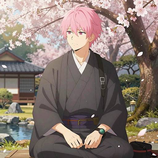 Anime-style digital art of a pink-haired, blue-eyed young man in a black kimono, sitting under cherry blossoms with a serene garden background.