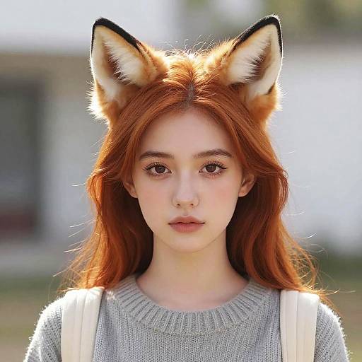 Photograph of a young woman with long red hair, fox ears, and a gray sweater, standing outdoors with a blurred background.