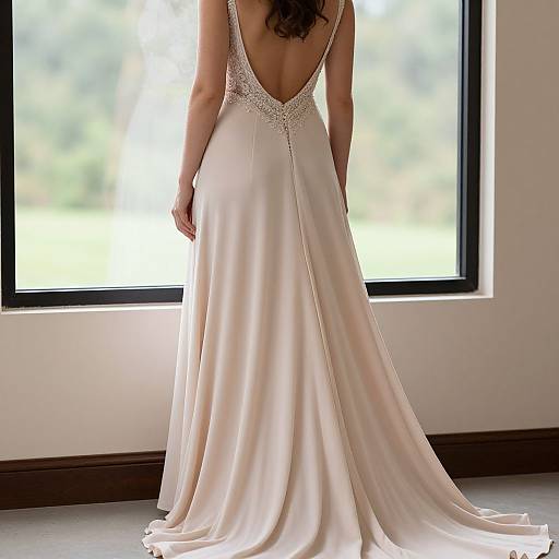 Photograph of a woman from behind in an elegant, backless, ivory satin wedding gown with intricate lace detailing, standing in front of a sunlit