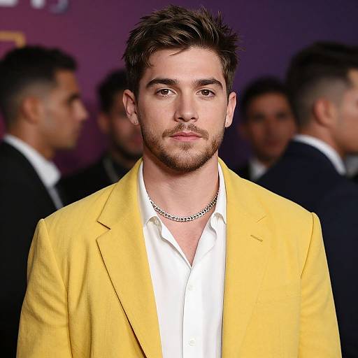 Photograph of a handsome young man with brown hair and beard, wearing a bright yellow blazer over a white shirt, and a silver chain necklace,