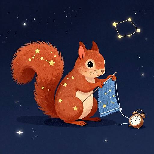 Digital illustration of a red squirrel with yellow stars on its fur, knitting with a blue fabric under a constellation. An alarm clock with a string is on