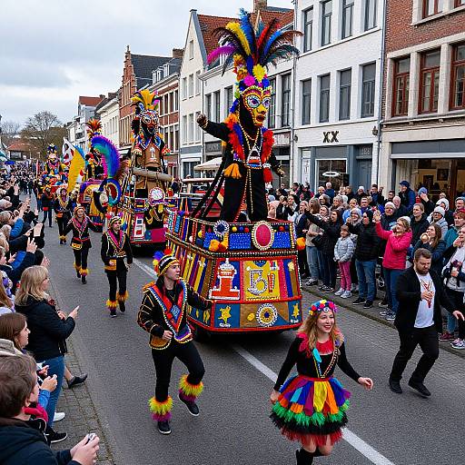 Colorful carnival parade on a street, featuring vibrant costumes with feathers, sequins, and rainbow accents, watched by a large, cheering crowd.