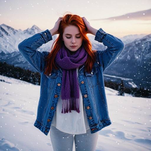 Young woman in denim jacket in snowy mountain landscape