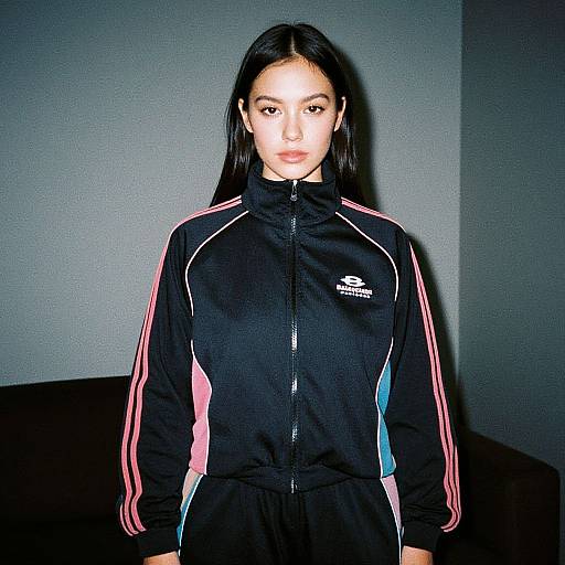 Photograph of an Asian woman with long black hair, wearing a black track jacket with pink and blue stripes, standing against a dark gray corner wall.