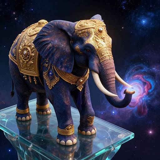 Digital art of a regal, blue, textured elephant with gold ornate armor, white tusks, and glowing blue orb, standing on a transparent