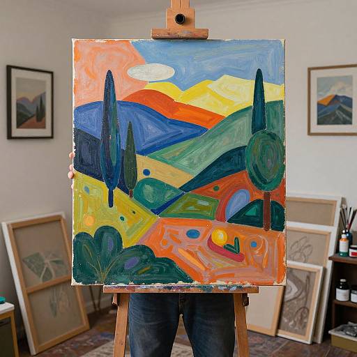 Photograph of a vibrant, abstract landscape painting on an easel in an artist's studio, featuring bold colors, cypress trees, and mountains.