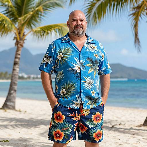 Stocky Bald Man in Hawaiian Outfit