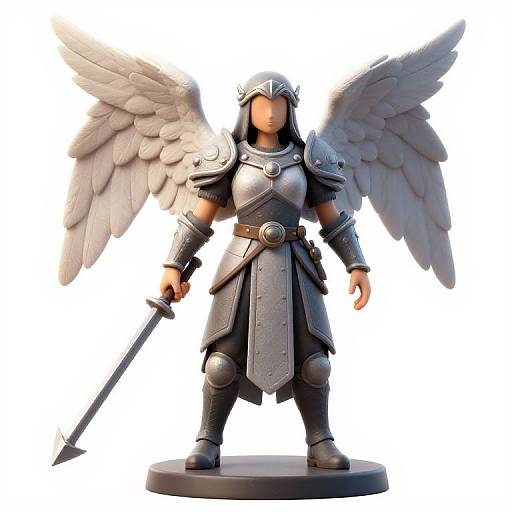 Photograph of a detailed, silver-winged, armored action figure with a sword, standing on a circular base against a white background.