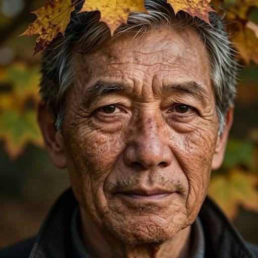 Photograph of an elderly Asian man with wrinkled skin, gray hair, and autumn leaves on his head, wearing a dark coat, against a blurred