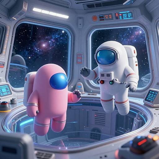 Digital art: Cartoon pink astronaut with blue visor and white astronaut with green control panel floating in space station zero-gravity tub.
