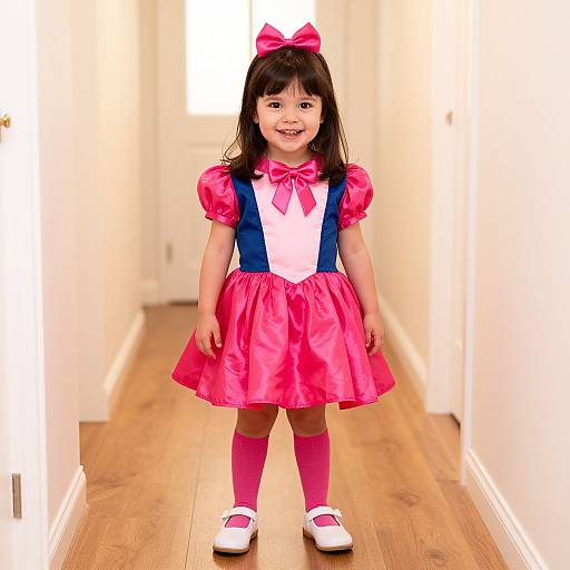 Photograph of a smiling young girl in a pink Cinderella dress with blue suspenders, pink bow, white shoes, and pink socks, standing in