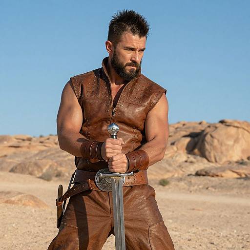 Muscular bearded man with spiked hair and leather vest holds sword in desert, clear blue sky background, rugged rocks behind. Photorealistic CGI.