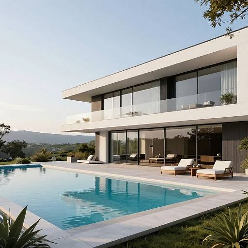 Modern two-story house with large glass windows, pool, and outdoor lounge chairs, under a clear blue sky, surrounded by lush greenery. Photoreal